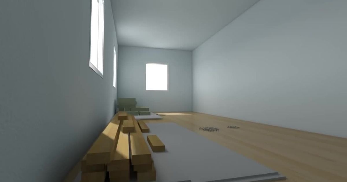 A room with a wooden floor and several chairs. Sunlight enters through two windows.