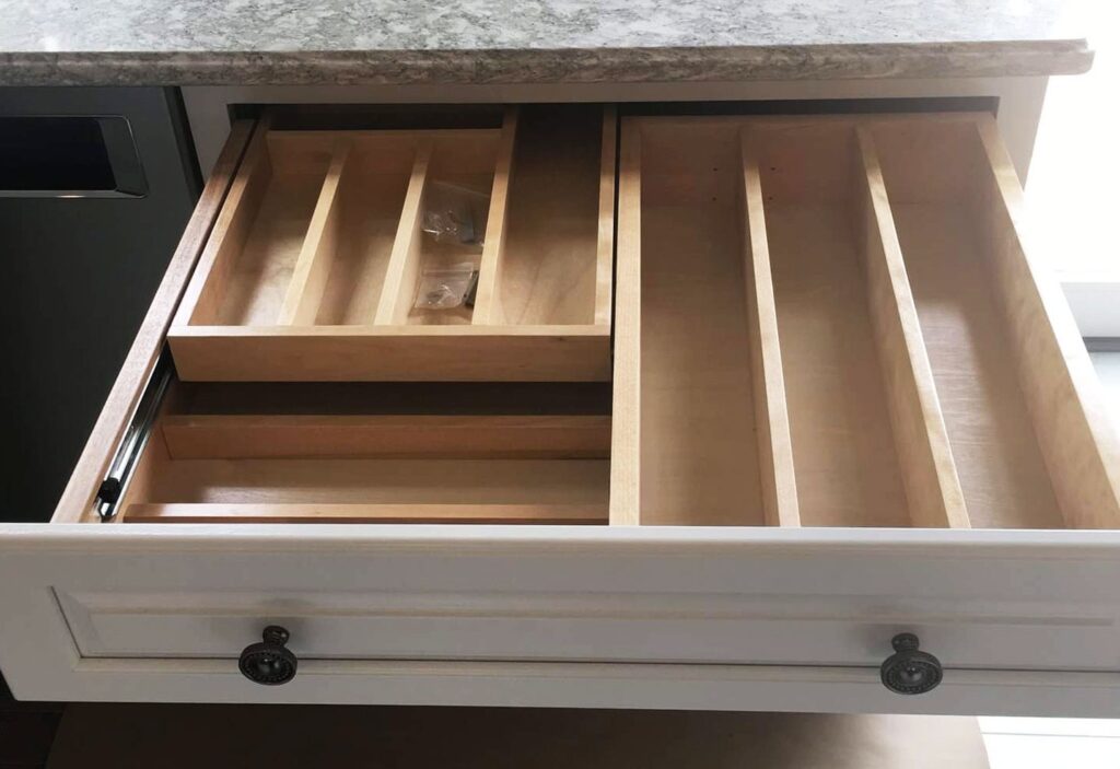 Semi-custom kitchen drawer with personalized organizational storage