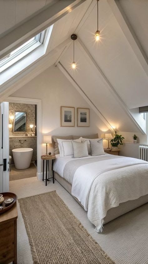 A neatly made bed with white linens and pillows in a cozy attic room. Soft lighting and natural light from a skylight add warmth.
