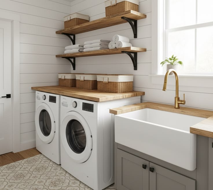 Laundry room with washing machines and a farmhouse sink.