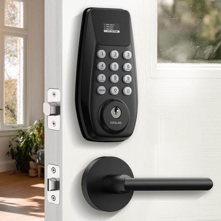 A black keyless door lock with a handle and keypad. The lock has a sleek design.