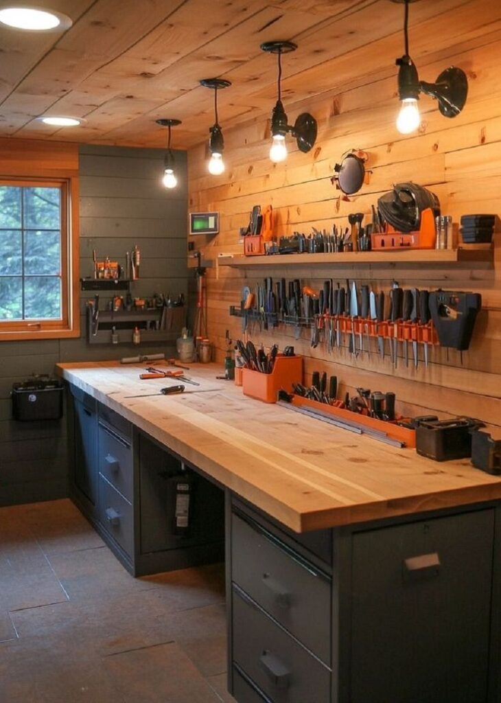 A well-lit workshop with tools on a wooden wall and a long wooden workbench.