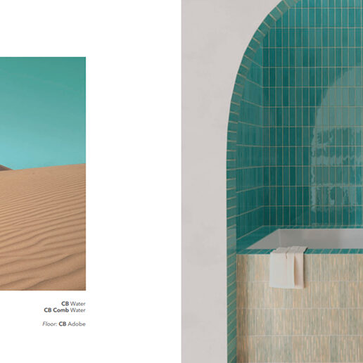 A desert landscape with sand dunes and a modern bathroom with blue tiles and a bathtub